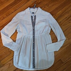 Free People Cream Striped Button-Up Tunic with Purple Floral Trim Size 2
